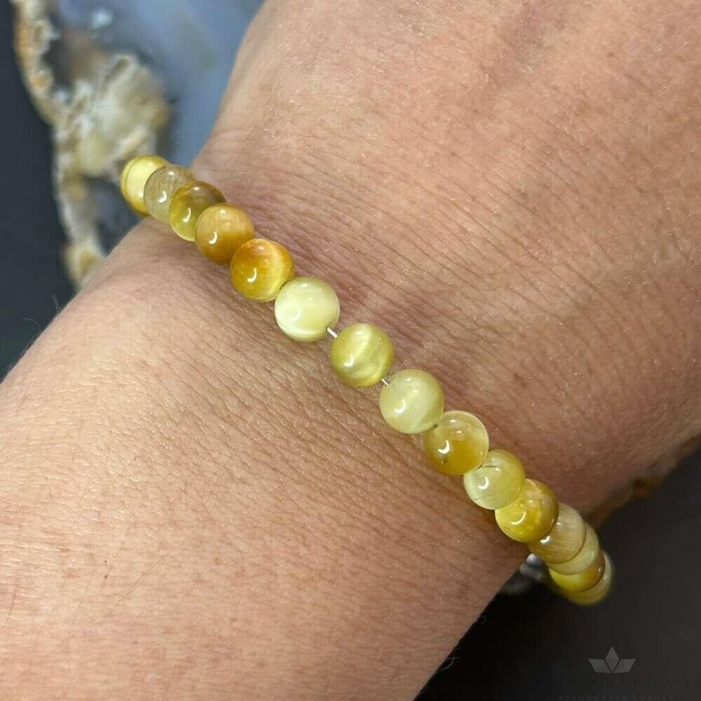 Sterling Silver 6mm Gold Tiger's Eye Beads Bracelet For Women
